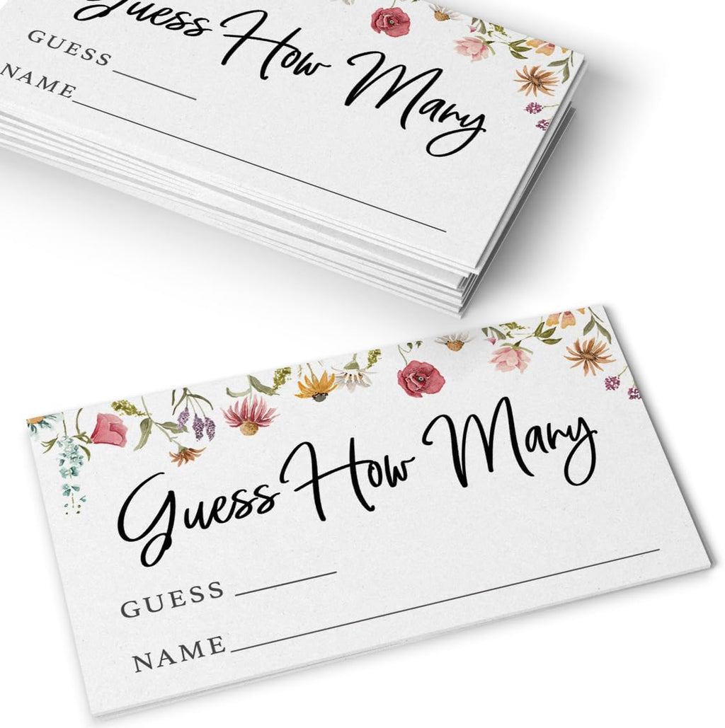 Guess How Many Shower Game, 50 Cards + Sign, Wildflower in Bloom | Baby Shower Games for Girl, Bridal Shower Activity, Candy Jar Kisses, Floral Garden Party Decor, Made in USA by Printed Party