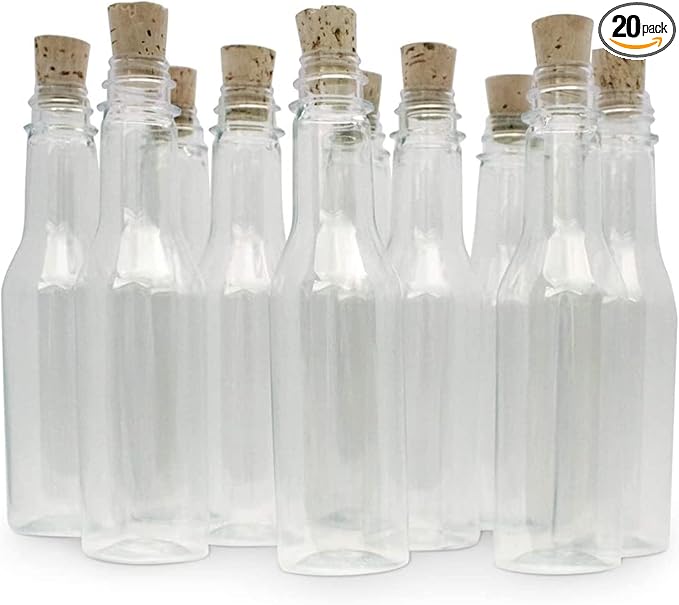 Plastic Bottles & Corks Set (20) - Clear PET Plastic Potion Bottles with Cork - Small Bottles with Cork & Tiny Jars with Cork Bottles, Message in Plastic Bottle, DIY Crafts