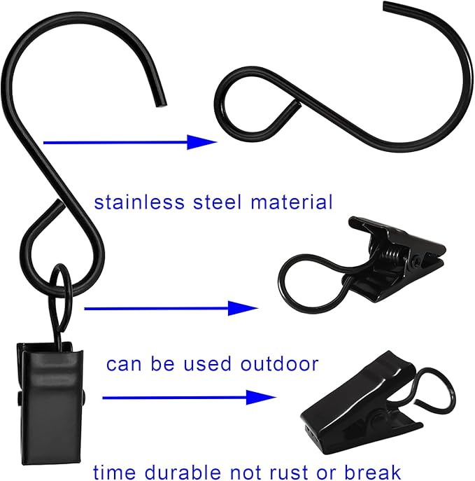 Stainless Steel S Hooks Curtain Clips, 50 Pack Hanging Party Lights Clips, Hangers Gutter Photo, Art Craft Display, 3 Inch Long, Black