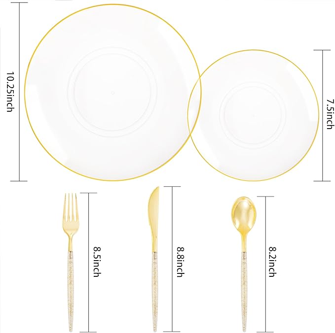 Liacere 150PCS Clear Gold Plastic Plates - Gold Plastic Silverware with Glitter Handle - Clear Disposable Plates Include 30 Guests Plates, Forks, Spoons, Knives for Wedding & Party&Chrismas