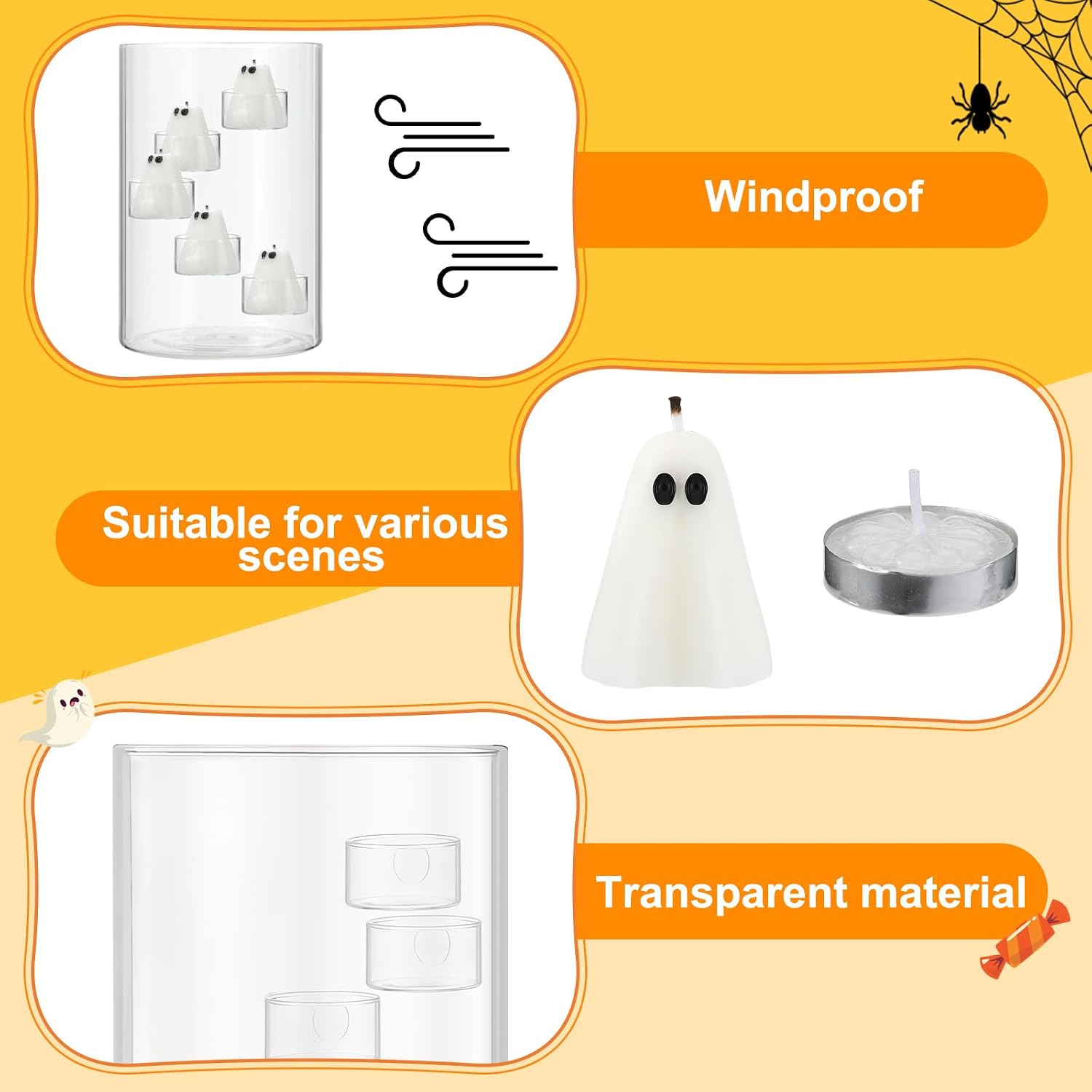 Reallnaive Halloween Glass Hurricane Candle Holder with Candles and Tea Light Clear Cylinder Pillar Candle Holder for Halloween Table Centerpiece Decorations (13 Candles,Single Style)
