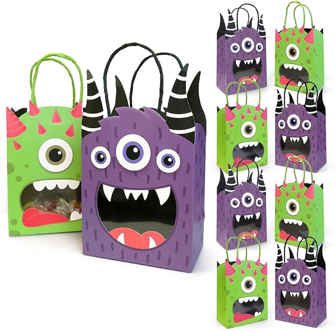 Cheerland Monster Party Favor Gift Bags Halloween Goodie Bag Monster Birthday Party Decorations Bag Summerween Candy Trick Or Treat Paper Goodie Bags Cartoon Themed Kids Theme Party Supplies 8 Pcs
