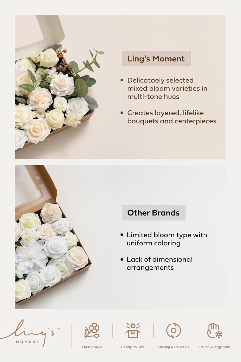 Ling's moment Fake Flowers Box, Faux Pampas Artificial Gardenia Foam Roses Silk Peony for Centerpieces Bouquet Wedding Floral Arrangements Bridal Shower Party, Earth Brown & Tawny Beige, Deluxe Combo