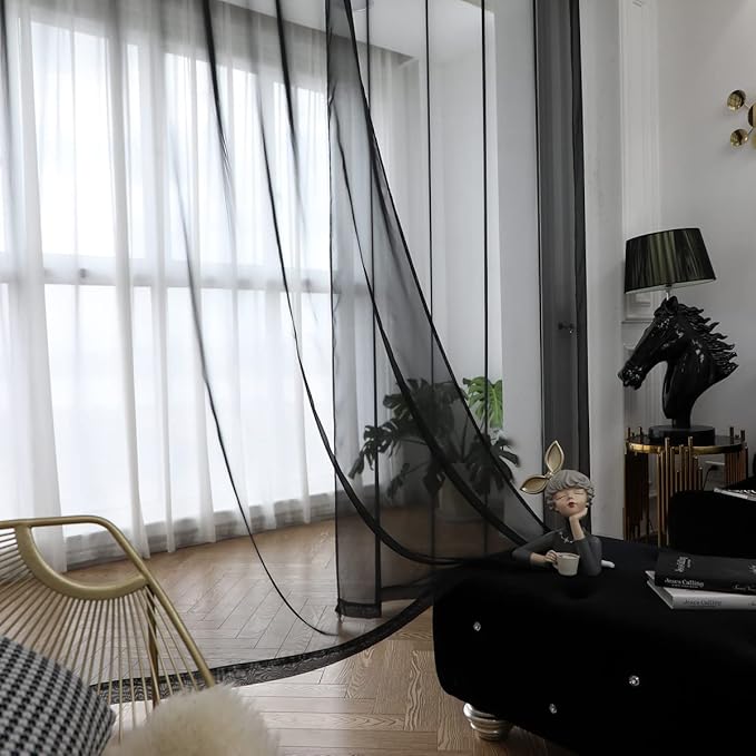 Window Black Sheer Curtains 145 Inches Long 2 Panels Sheer Curtain Basic Rod Pocket Panel for Bedroom Children Living Room Yard Kitchen (Black, 52" W x 145" L | 2 pcs)