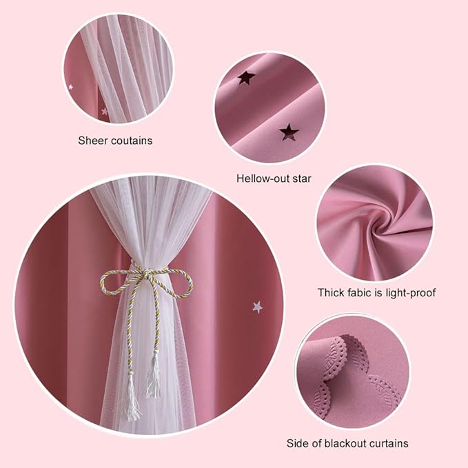 FANLI 2 Panels Star Blackout Curtains for Kid Girls Bedroom Living Room Darking Stripe Double Layer Star Cut Out Wall Home Decor Gradient Grommet Window Curtains (Pink 63L)