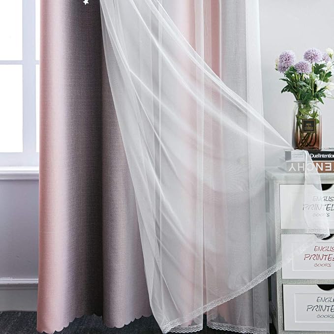 FANLI Ombre Rainbow Blackout Curtains for Kid Girls Bedroom Living Room Darking Stripe Double Layer Star Cut Out Wall Home Decor Gradient Grommet Window Curtains (Pink/Grey, 52W x 63L)