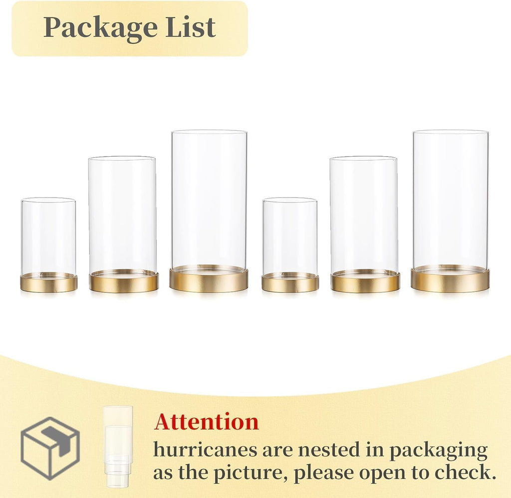 Hewory Hurricane Candle Holder for Pillar Candles: Gold Votive Candle Holders Set of 6, Glass Hurricane with Metal Candle Plate, Pillar Candle Holder for Table Centerpiece Wedding Holiday Home Decor