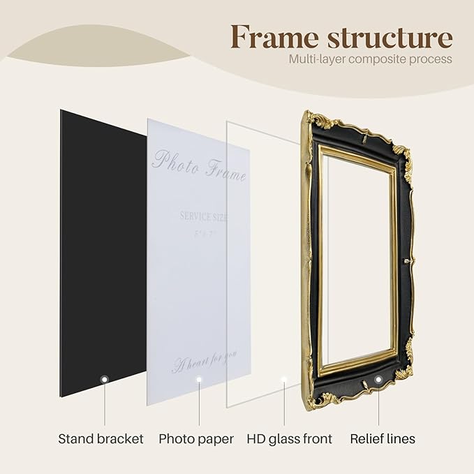 Cuspin Vintage Picture Frame 5x7 Black and Gold Frame, Ornate Textured Hand-Crafted Resin Photo Frames with Glass Front, Decorative Picture Frame for Wall & Tabletop, Antique Frame Home Decor