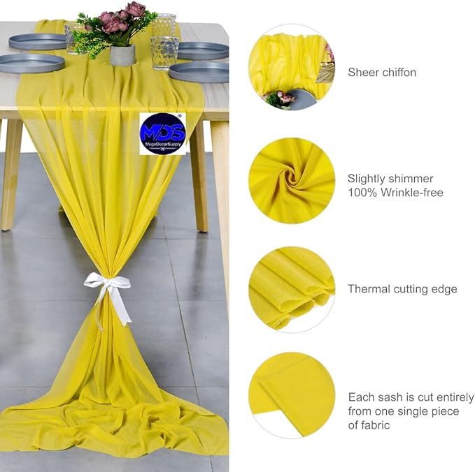 MDS 20 Pack 10ft Chiffon Table Runner 29 x 120 Inches Sheer Wedding Runner Romantic Rustic Table Runner for Wedding Decorations, Birthday Parties, Bridal Shower Party Arch Decor - Yellow
