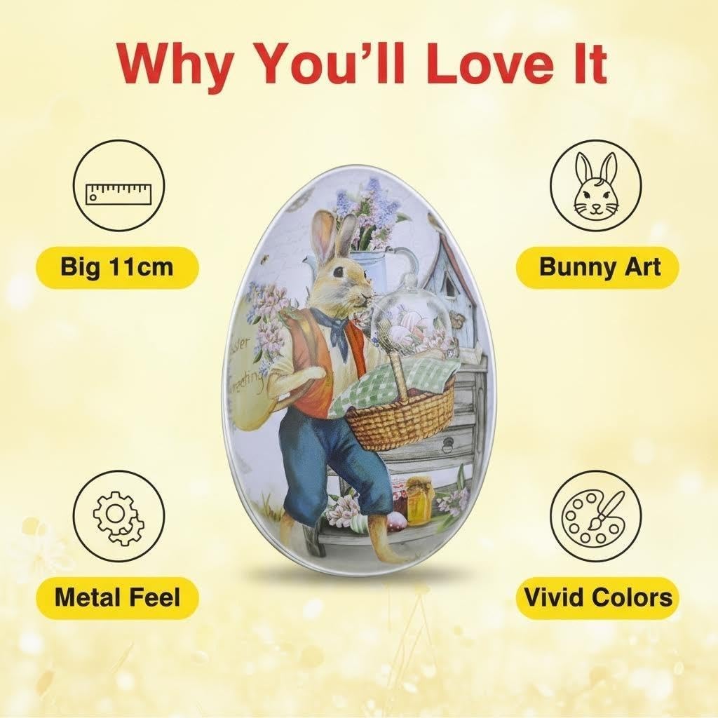 Vintage Easter Egg Tin Box (Style B), Metal Rabbit Easter Egg Containers for Candy & Treats, Reusable Decorative Gift Tin