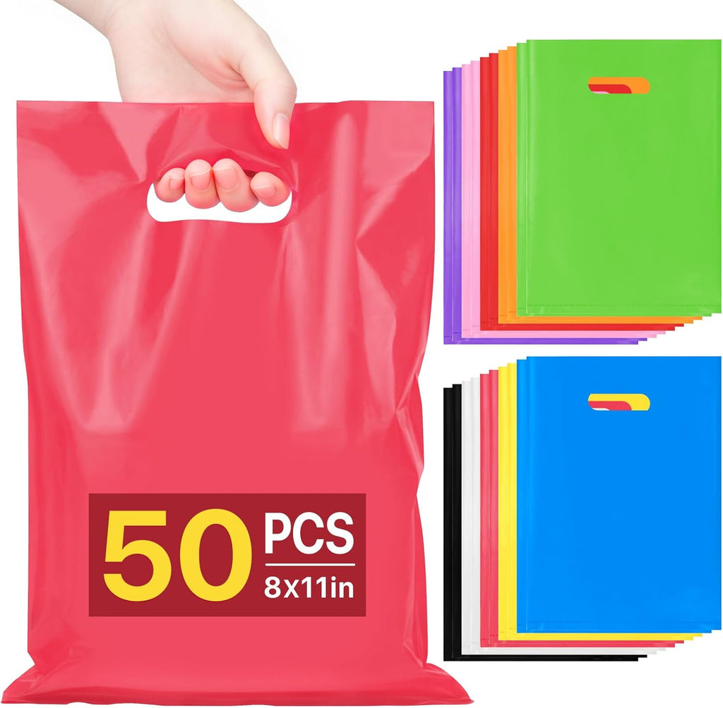 ANZNKU 50 PCS Multicolor Party Favor Gift Bags 8"x11", Goodie Bag Bulk for Candy Jewelry Treat Snack Craft, Small Reusable Plastic Party Bags with Handles for Kids Birthday, School & Festive Events