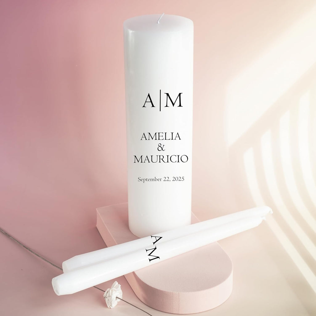 Unity Candles for Wedding, Modern Unity Set, Custom and Personalized Pillar and Taper Candles, Custom Date and Names. Unscented White Premium Wax, Religious and Wedding Ceremony, Special Events