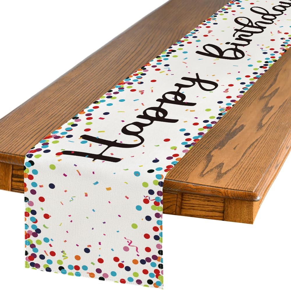 Artoid Mode Polka Dot Beige Happy Birthday Table Runner, Seasonal Kitchen Dining Table Decoration for Home Party Decor 13x72 Inch