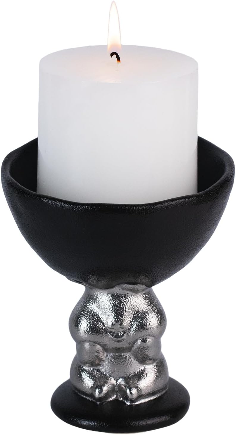 KAMMAK Ceramic Candle Holder with Silver Rabbit Figurine Base -Matte Black Scalloped Bowl Pedestal Stand for Pillar Candles, Animal-Inspired Design Black Rabbit High-Foot Bowl Candle Holder