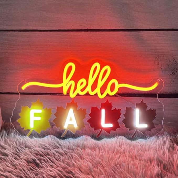 Hello Fall Leaves LED Neon Sign, Fall Home Bedroom Decor Neon Light UV Printing Autumn Party Garden Sign Thanksgiving Door Wall Décor Size:18x 9inches