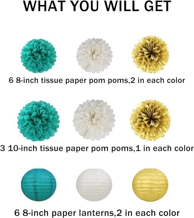White Gold Teal Party Decorations – 15Pcs Tissue Paper Flowers Pom Poms Paper Lanterns for Women Birthday Party Decoration Baby Shower Bridal Shower Bachelorette Engagement
