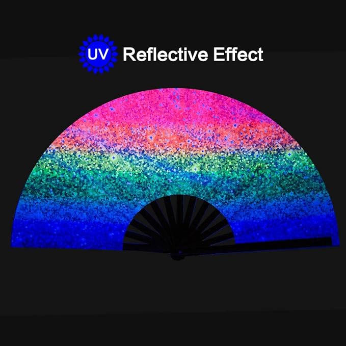 UV Glow Rave Fan, Bamboo Folding Clack Hand Fan for Men Women (Glitter Rainbow, Large 13")
