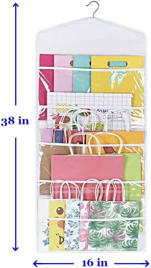 ProPik Hanging Double Sided Gift Bag Storage Organizer with Multiple Front and Back Pockets - Organize Your Gift Wrap, Tissue Paper, and Paper Bags 38 x 16 Inch PVC (White)