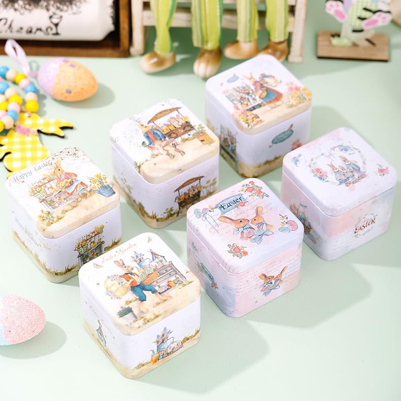 Easter Rabbit Square Metal Storage Tin (Style D) - 2.95" Vintage Bunny & Flower Treat Box, Decorative Small Tinplate Organizer for Candies, Jewelry, Reusable Holiday Keepsake Container & Party Favors