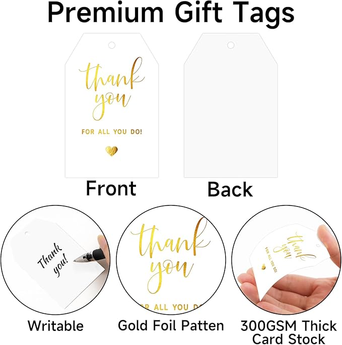 joycraft Thank You for All You Do Tags - 50Pcs Gold Foil Thank You Gift Tags with String, 3.3x2.2in Paper Gift Wrap Hangtags for Wedding, Teacher Appreciation, Mother's Day Thanksgiving, Christmas