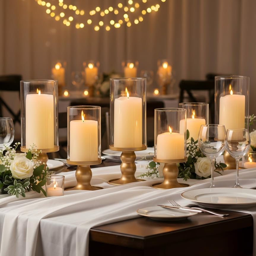 NITIME 4Pcs Hurricane Candle Holder for Pillar Candles, Gold Candle Holders with Clear Glass Sleeve for Table Centerpieces,Pillar Candle Holders for Home Decor, Wedding, Holiday and Party Decor