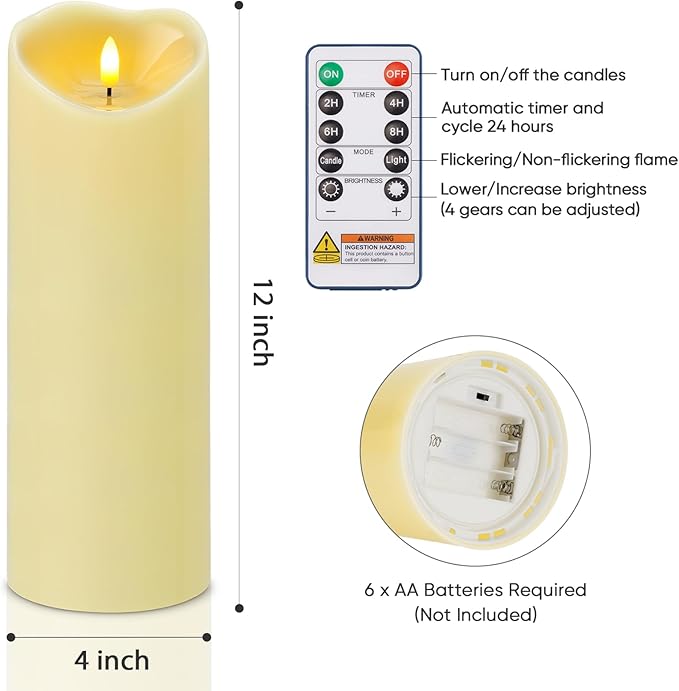 Amagic 4” x 12” Extra Large Waterproof Outdoor Flameless Candles, Battery Operated with Remote Control and Timer, Flickering LED Pillar Candle for Outdoor Patio Porch Decor, Dark Ivory, Set of 2