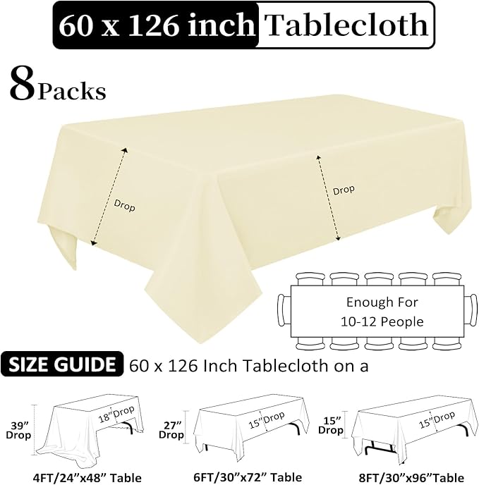 8 Pack Beige Tablecloth 60 x 126 Inch Rectangular Tablecloths for 8 Foot Rectangle Tables, Wrinkle Resistant Beige Table Cloth Washable Polyester Fabric Table Covers for Buffet Wedding Party Banquet