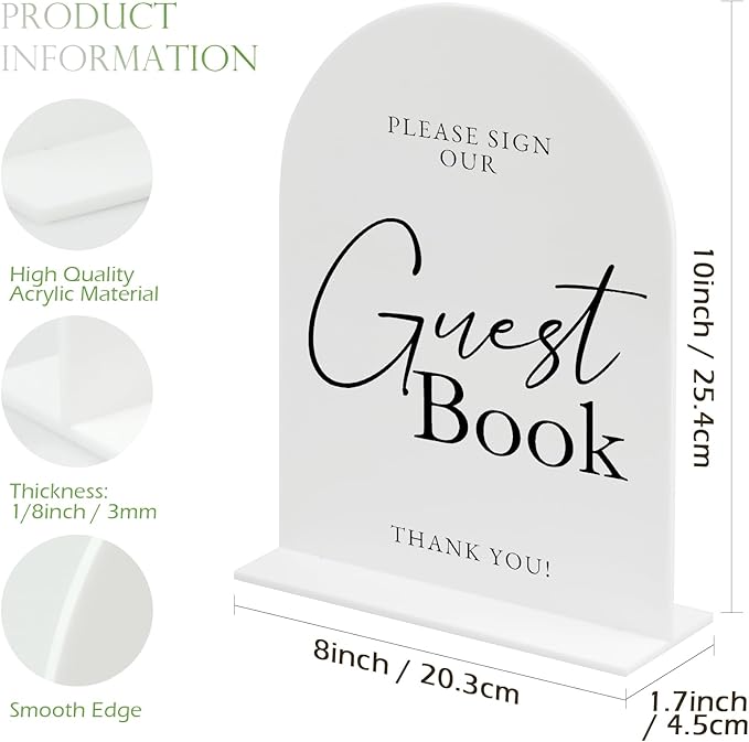 White Arch Acrylic Wedding Sign- 8"x10" Guest Book Sign and Base,1/8" Thick | Modern Calligraphy Arched Acrylic Table Sign for Wedding & Event Party