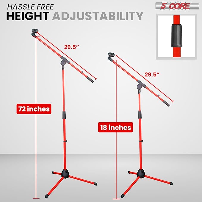 5 Core Tripod Mic Stand Floor Adjustable 18 to 72 Inches Sturdy Boom Arm Holder Microphone Stands Pedestal Para Microfono for Singing - MS 080 RED