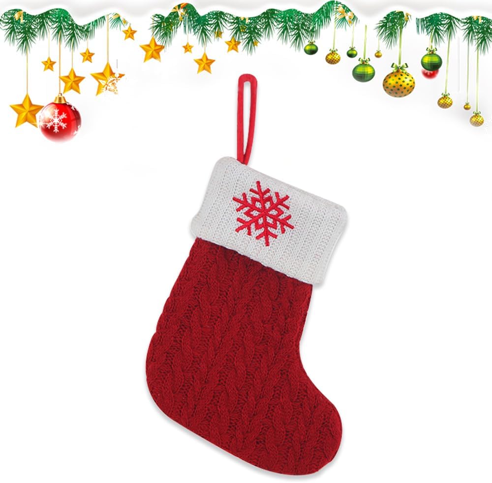 Estivaux Mini Christmas Stockings Xmas Fireplace Hanging Stockings Burgundy Red Knit Stocking Winter Snowflake Stockings Gift Holding Bag for Home Christmas Decorations Party Favor Supplies