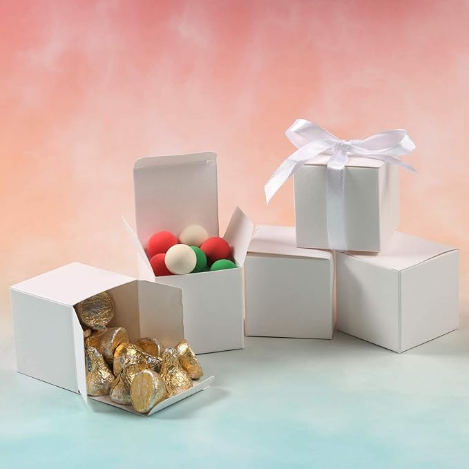 COTOPHER 25pcs Wedding Favor Boxes, Paper Gift Boxes 3x3x3 Inches Small Gift Boxes with Ribbons for Gifts, Crafting, Cupcake, Candy, Bridesmaid Proposal