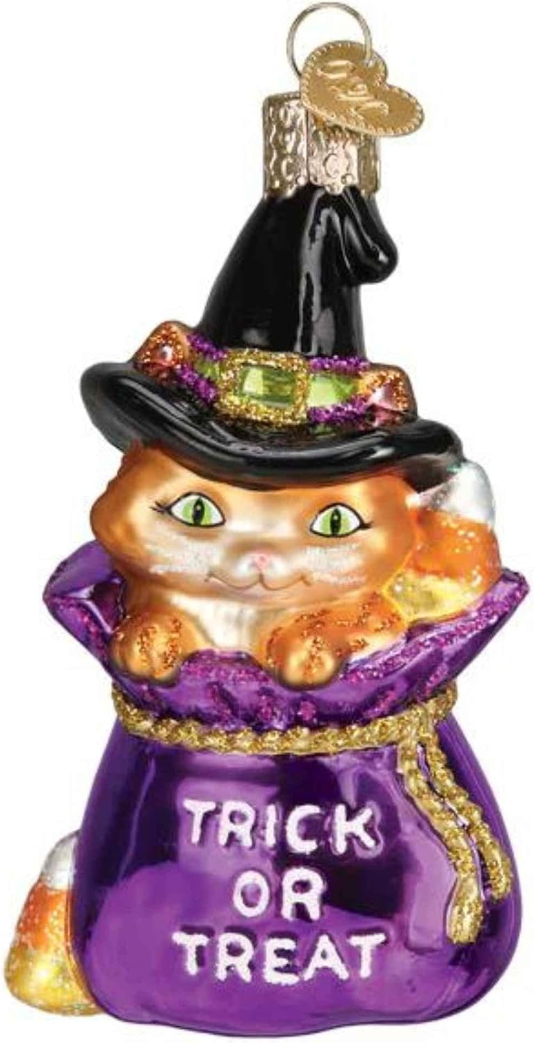 Old World Christmas Trick-or-Treat Kitty Glass Blown Ornament for Christmas Tree, Handcrafted Holiday Decoration, Halloween Collection