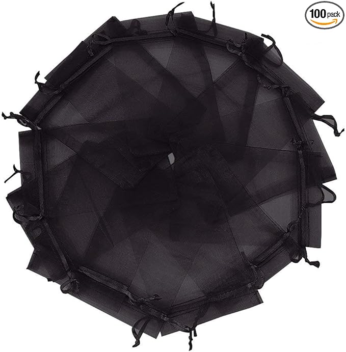 Wudygirl 100pcs Drawstring Organza Bags 5 x 7 Inch Black Transparent Jewelry Lipstick Pouches Baby Shower Party Wedding Holidays Favor Seashell Candy Favor Bags(Black 5x7'')