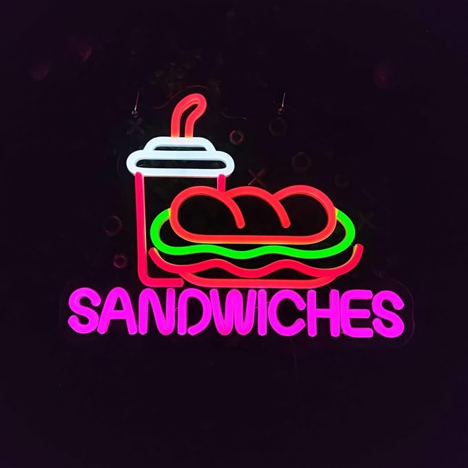 Sandwiches Neon Sign Sandwich Neon Signs for Wall Decor, Food Drinks LED Lights for Restaurant Food Shop Kitchen Party Dinner Decor, 13.3" x 10.3"