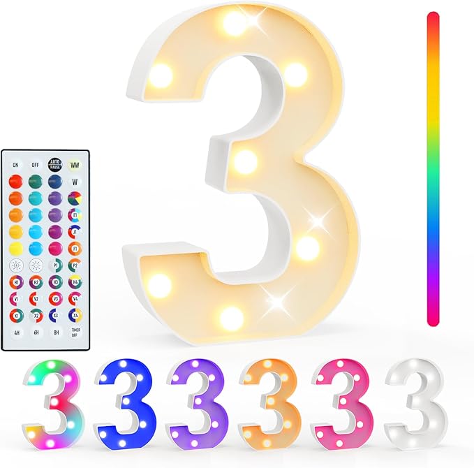 Pooqla Colorful Light Up Numbers, 35 Colors LED Marquee Number Lights for 3rd Birthday Decorations with Remote, RGB Lighted Numbers for Party, Wedding, Bar, Night Light, Home Decor, Number 3