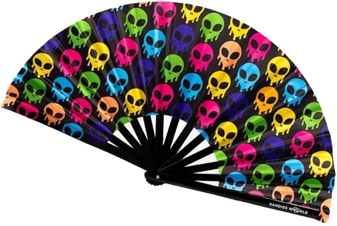 Kandies World UV Reactive Custom Festival Folding Hand Fan - Unique Designs, Made of Bamboo, Clacking Sound, Lightweight - Perfect Rave and Festival Accessory!