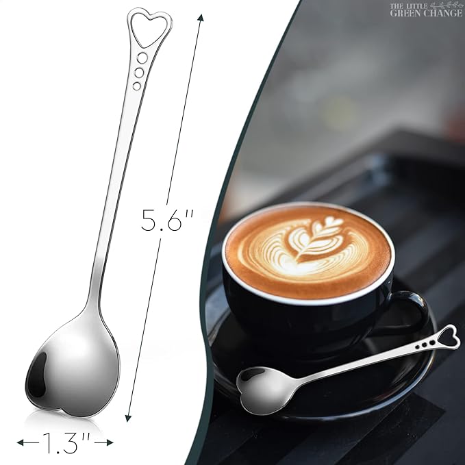 5.6'' Set of 6 Heart Spoons, Heart Shaped Spoons Stainless Steel – Cute Spoon and Functional for Hot Cocoa Bars, Tea Bags, or Cocktail Mixing – Easy to Clean and Spill-Free Use