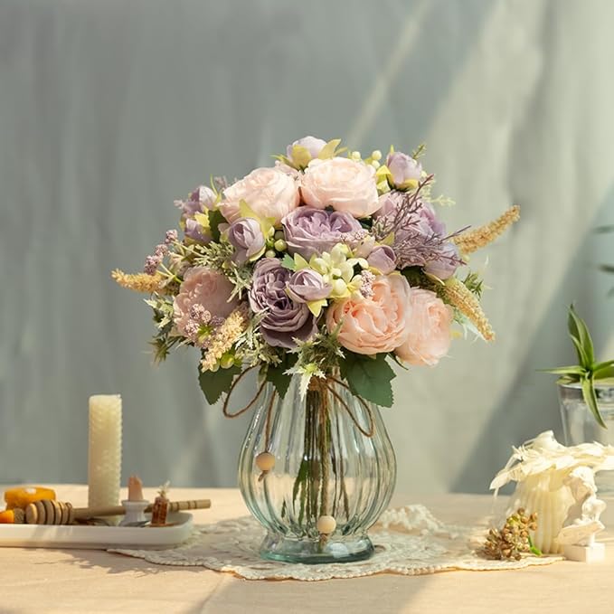 Artificial Peonies Silk Flowers Bouquet in Glass Vase Faux Flowers Bouquets Modern Penoy Arrangement for Home Decoration Table Centerpiece (Bouquet-Pink Purple)