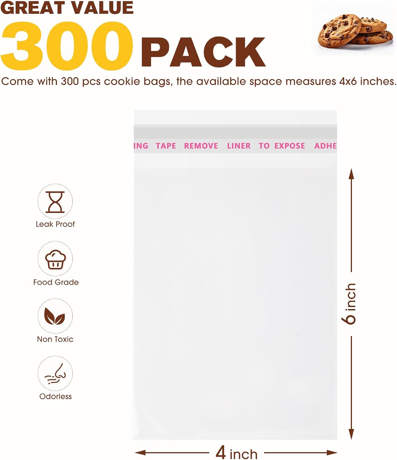 300 Pcs Cookie Bags with Seal, 4x6 Inches Self Sealing Cellophane Bags, Clear Cookie Bag Resealable Treat Bags for Packaging Cookies, Candy, Gifts, Favors, 3 Mils Individual Self Adhesive Wrappers