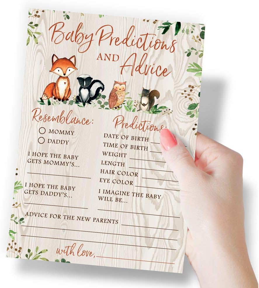 Printed Party Baby Predictions & Advice for New Parents – Woodland Baby Shower Activity, Set of 50 Cards, Gender Neutral Forest Animals Theme
