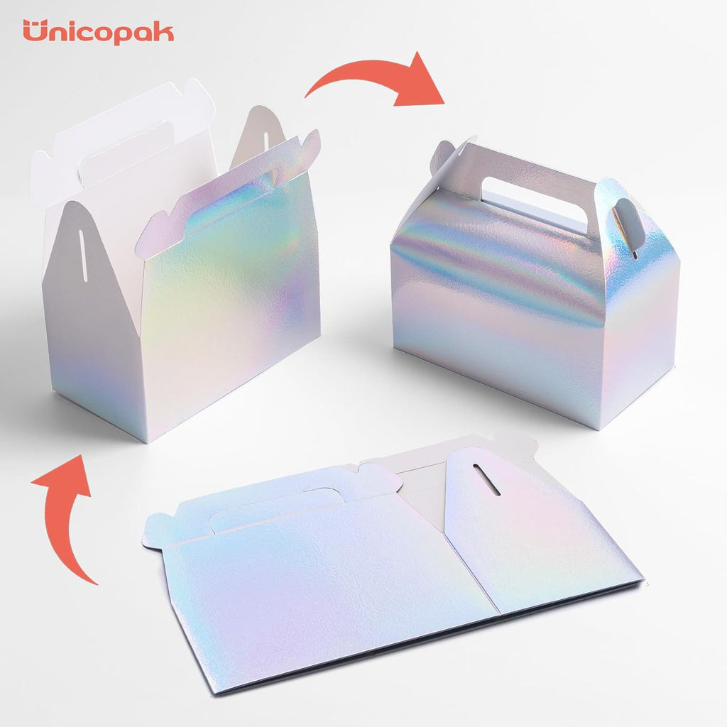 UnicoPak 60 Pack Iridescent Party Favor Bag Boxes, Goodie Favor Boxes for Treats Cookies Candies, Ideal for Theme Birthday Party, 6.5x3.5x3.5 Inches