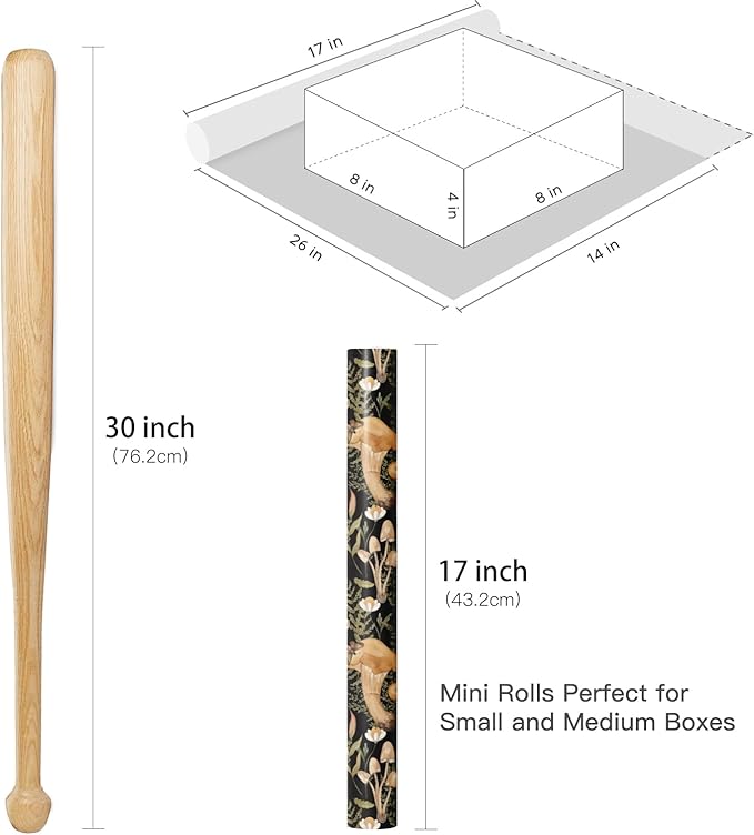 RUSPEPA Forest Mushroom Wrapping Paper Roll, Mini Roll, Woodland Squirrel and Snail Design, Black Nature Gift Wrap for Fall, Birthday, Thanksgiving Party, 17 Inches x 16.4 Feet