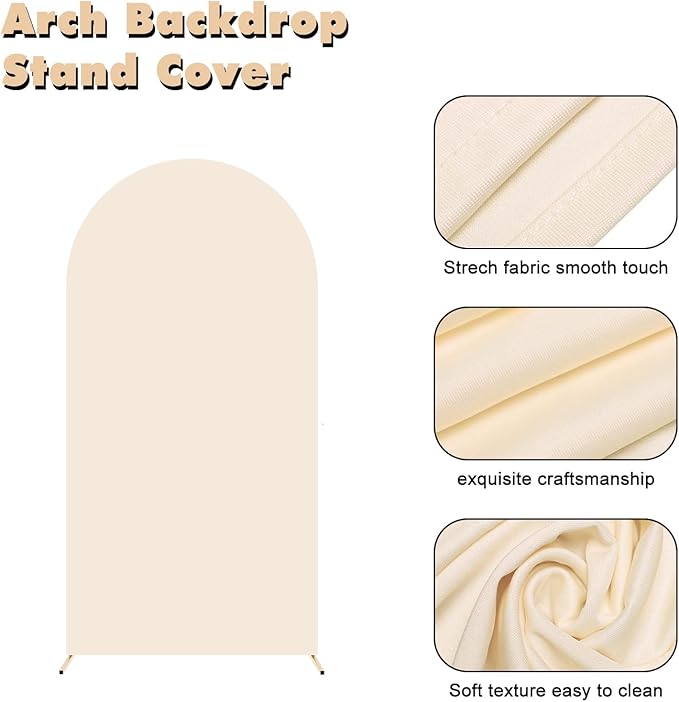 6.6FT Wedding Arch Backdrop Stand and Beige Arch Cover, Beige Spandex Fitted Backdrop Cover and Gold Wedding Arch Frame for Birthday Party Wedding Ceremony Bridal Baby Shower, Parties Decoration.