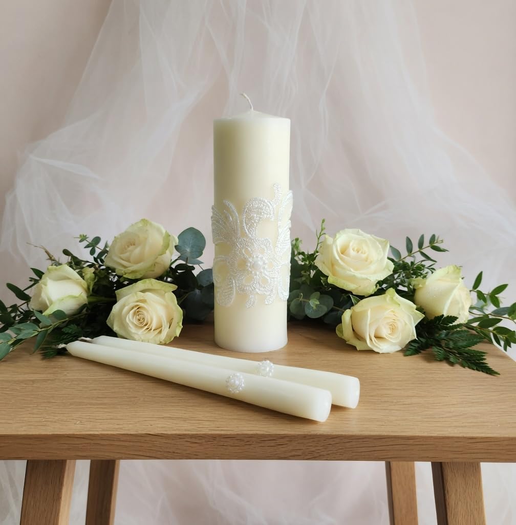 Hosley 11.5-Inch Wedding Unity Candle Set – Cream Pillar & 2 Taper Candles for Ceremony, Special Events, Emergency Kit, Reiki Spa Meditation