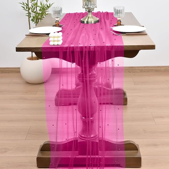 Joanlody Fall Fuschia Pearl Table Runner 10ft Rustic Boho Tulle Table Runner with Pearls for Baby Shower Wedding Party Veil Dessert Thanksgiving Table Decor Hot Pink