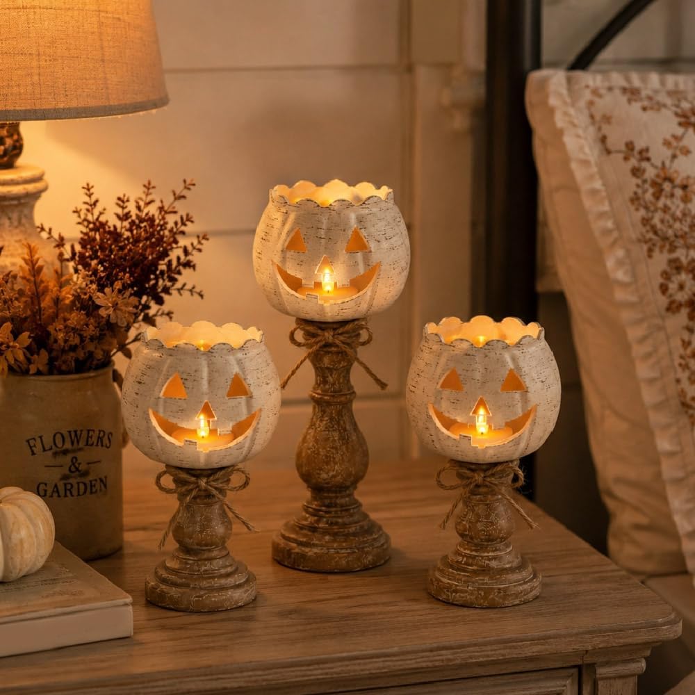 Rustic White Pumpkin Tealight Candle Holder Set, Farmhouse Halloween Pumpkin Tea Light Candle Holders Decor, Fall Tables Centerpieces for Thanksgiving & Halloween Party
