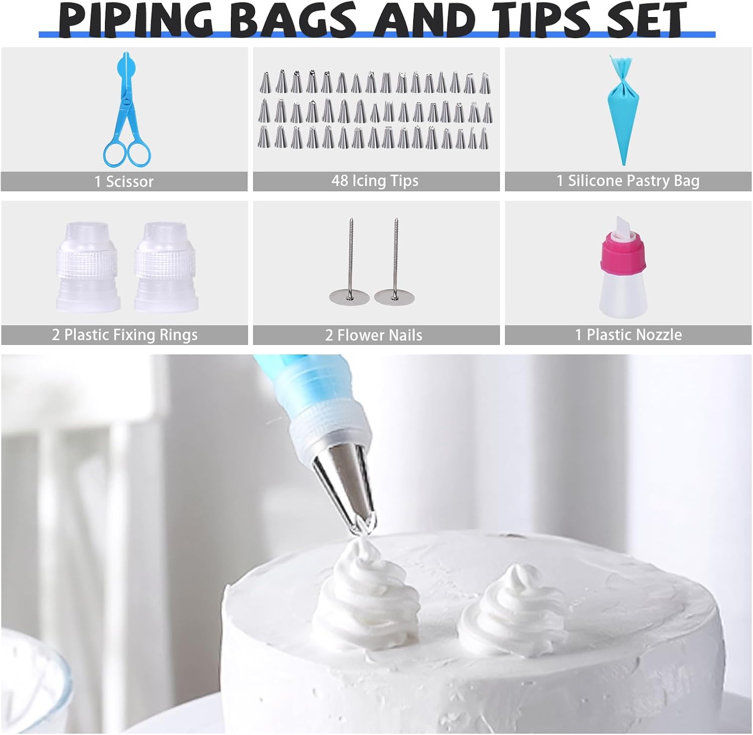 Uten Nozzles for Pastry Sleeve, 62 Cake Decorating Equipment Kit 48 PCS Nozzles, 2 Sleeves, 5 Spatulas, 1 Rotating Cake Plate, Wedding Birthday Accessories Decoration Pastry