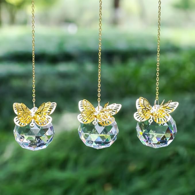 Crystal Suncatchers Gold Butterfly 40mm Crystal Prisms Ball Rainbow Maker with Chain for Window Hanging Decoratioin 3 Pack