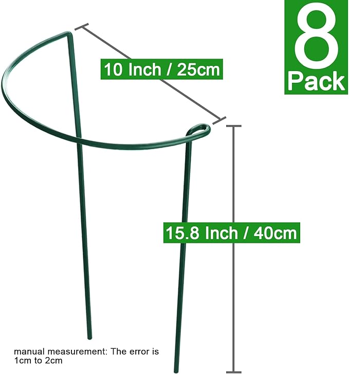 HiGift 8 Pack Plant Support Stakes, Half Round Metal Garden Plant Stake Indoor Peony Cages and Supports, Green Plant Support Ring Border for Tomato,Hydrangea,Flower Outdoor (10" Wide x 15.8" High)