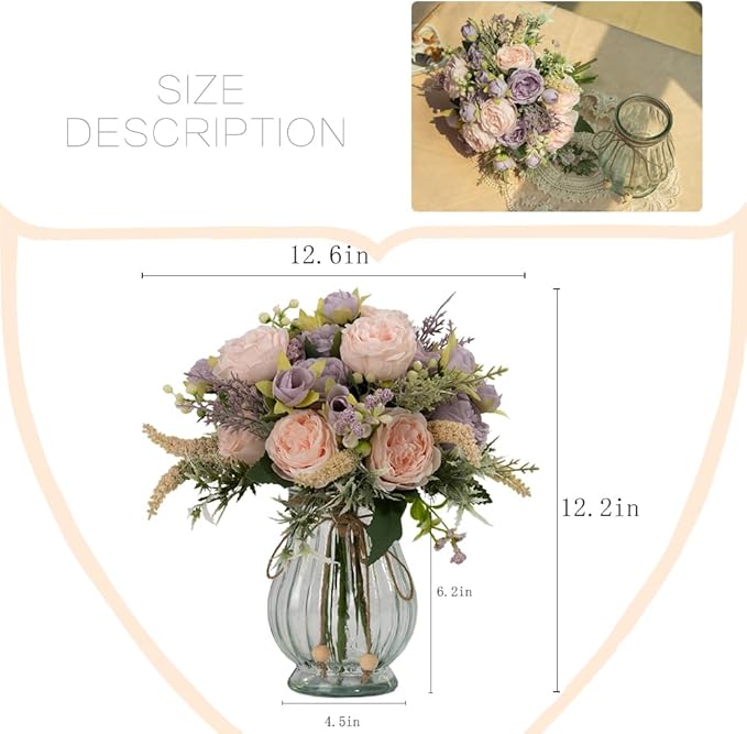Artificial Peonies Silk Flowers Bouquet in Glass Vase Faux Flowers Bouquets Modern Penoy Arrangement for Home Decoration Table Centerpiece (Bouquet-Pink Purple)